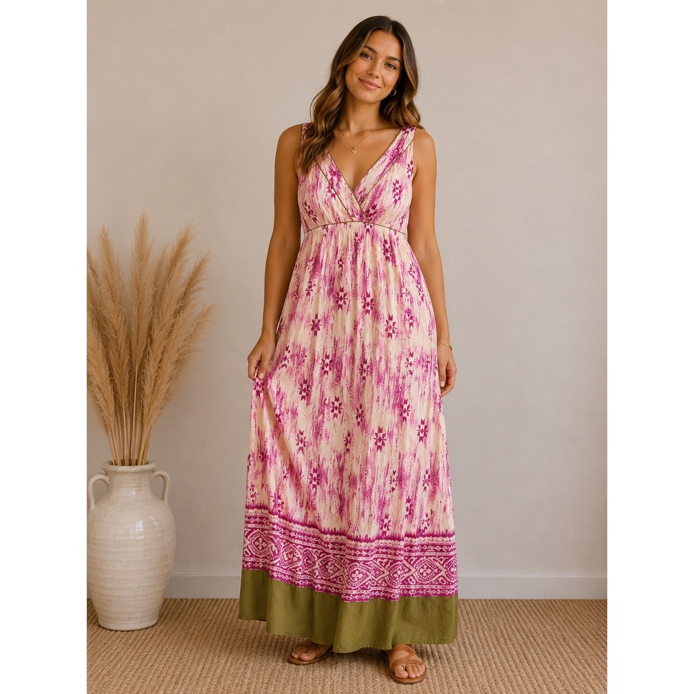 Ann Taylor Loft Maxi Dress Size 8 Pink 100% Silk Abstract Print Crossback Empire